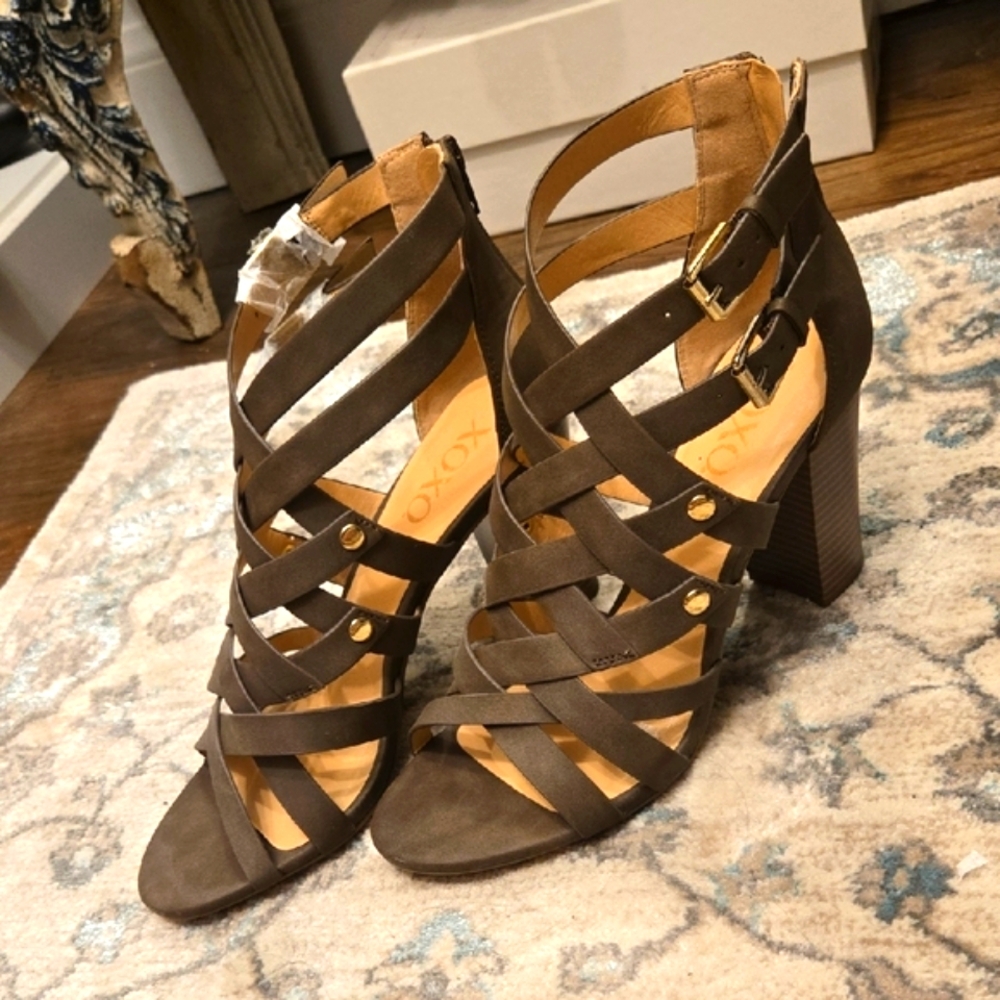 XOXO Brown Strappy Heels with Chunky Block Heel